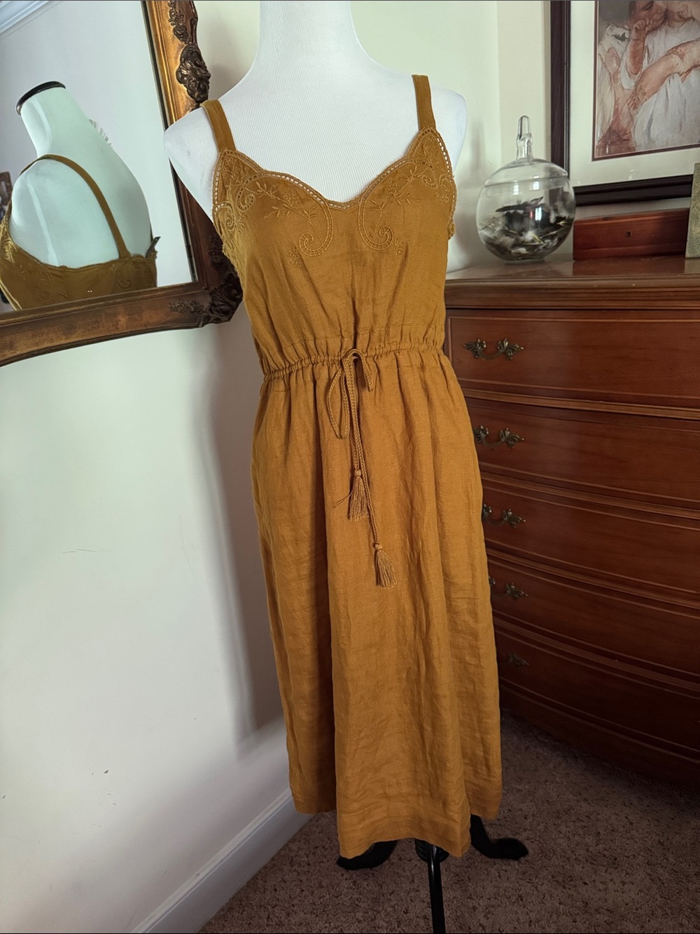 J. Crew Mustard Embroidered Tie-Waist Midi Dress